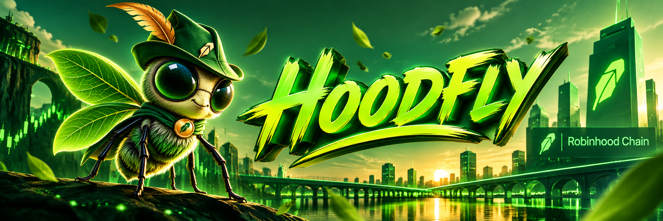 HoodFly standing before a glowing Robinhood Chain city skyline