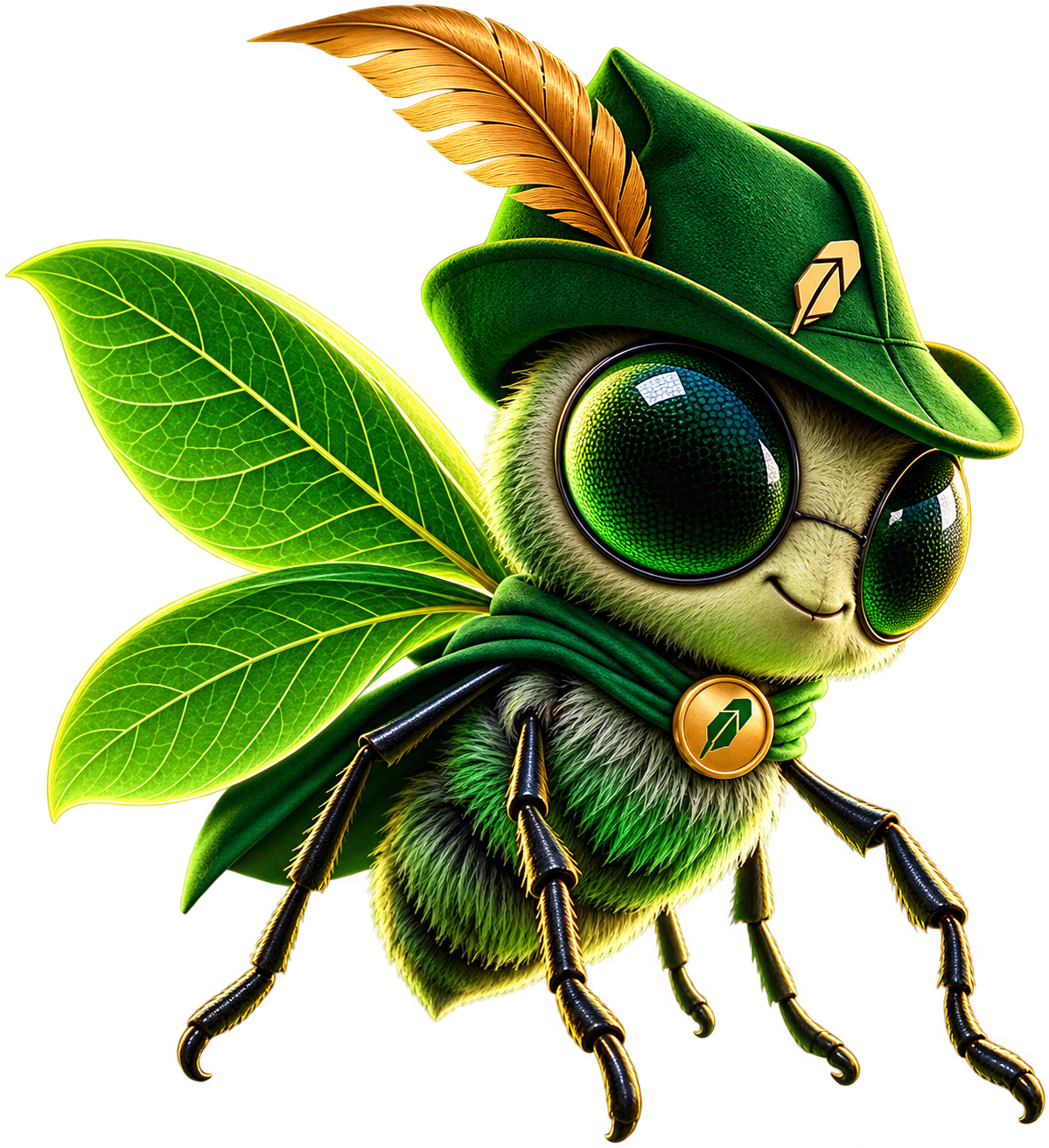 HoodFly, a green fly wearing a Robin Hood hat with leaf-shaped wings